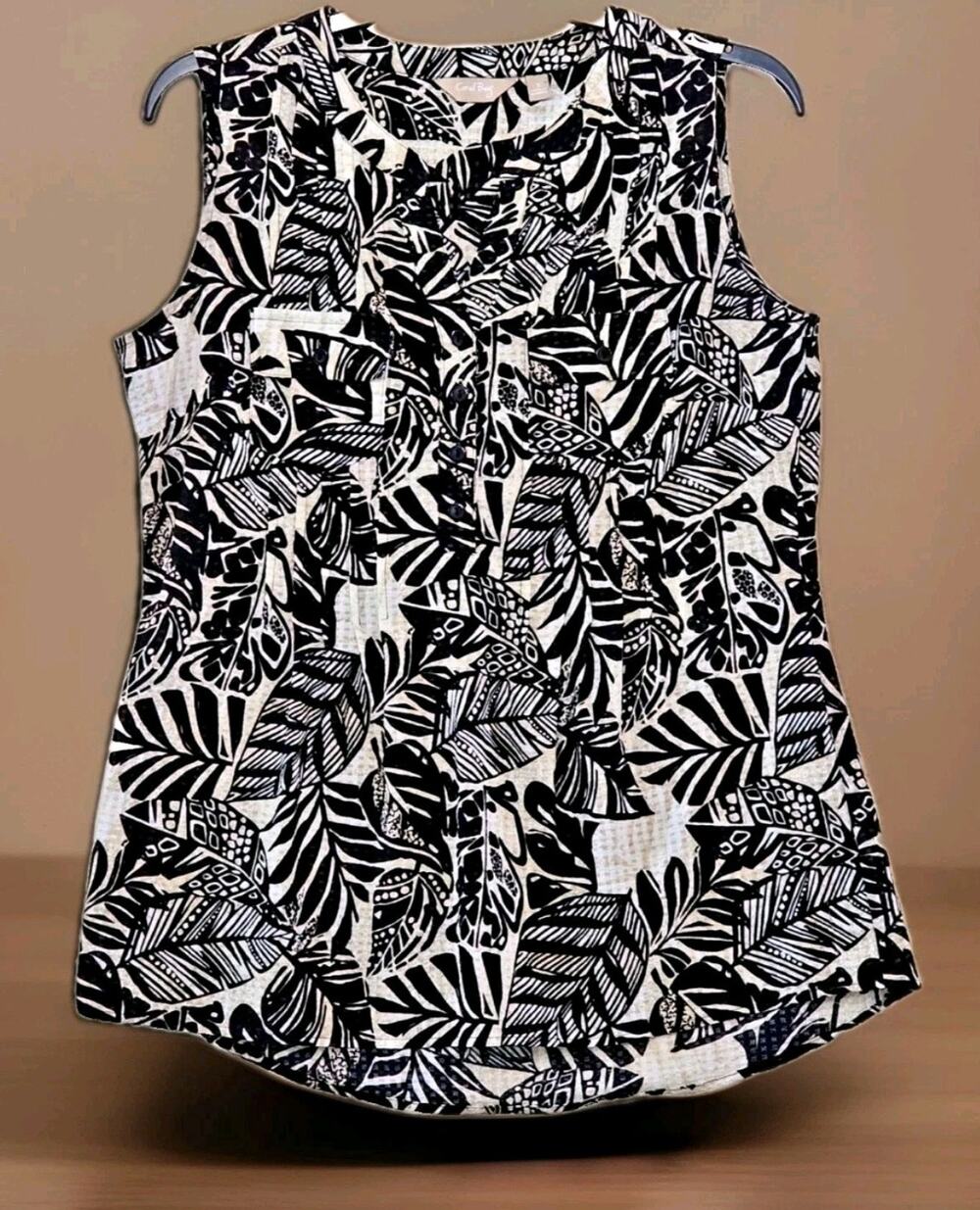 Coral Bay Women's Small Sleeveless Tunic Blouse Black White Leaf Design Top